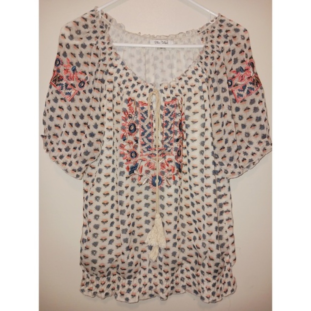 Blue Oelrl Bohemian‎ Cottagecore coquette Embroidered Blouse Top Shirt M